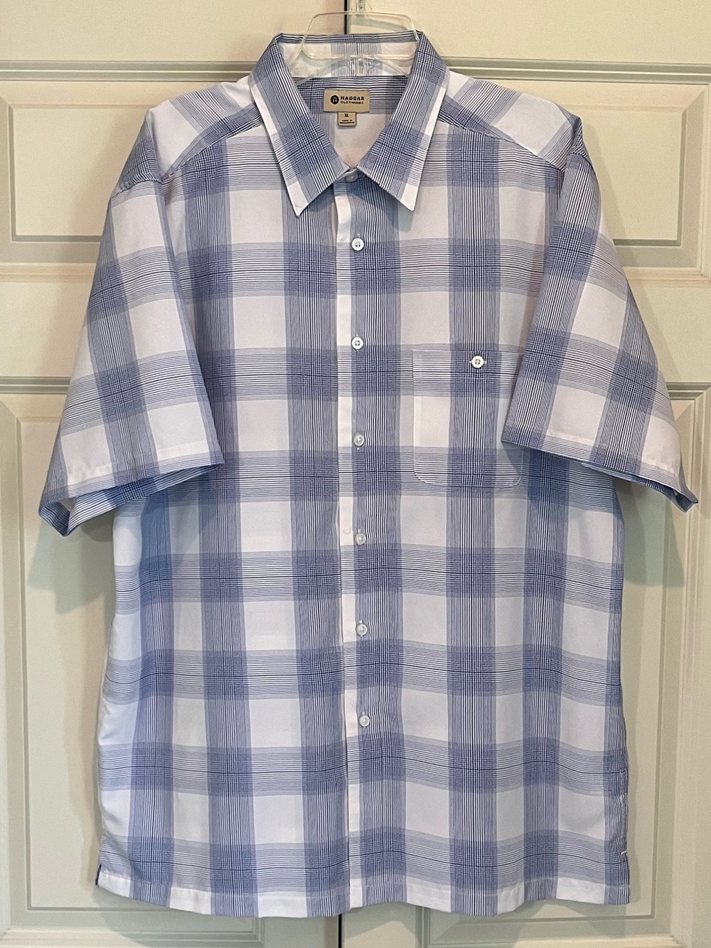 Haggar Short-Sleeve Button-Down Shirt in Blue & White Plaid Size XL